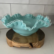 Vintage Rare Aqua or Turquoise Silver Crest Fenton Bowl with Ruffled Rim, 10"