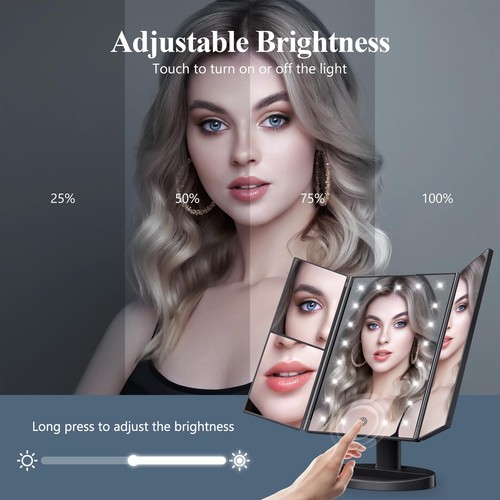 Specchio vanità trucco trifold con luci 2X 3X 10X ingrandimento nero - Foto 3 di 6