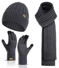 Winter Scarf for Men with Beanie Hat and Touchscreen Gloves Set Warm Cap Flee...