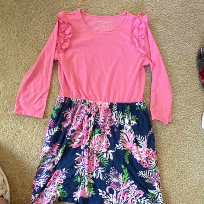 Lilly Pulitzer Girls XL 12-14 Pink Floral Fit & Flare Ruffle LS Dress