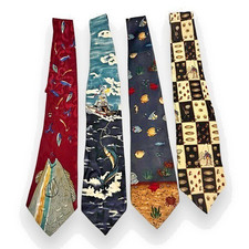 Lot of 4 Fish Silk Ties Novelty Prints Field  Stream Nautical Retro Vintage USA