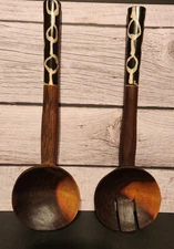 Carved Wooden Spoon and Fork Salad Server Set with Painted Bone Handles  - 12"