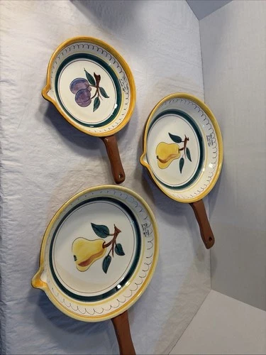 Set Of 3 Stangl Pottery "FRUIT" SKILLET FRYING PAN w/ HANDLE-2 Pear And A Plum