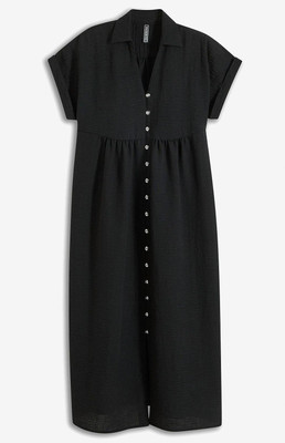 Blusenkleid im Leinenlook Gr 34 Schwarz Blusen-Kleid Midi Dress Sommerkleid Neu*