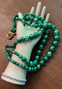 Vintage Green Bead Triple Strand Necklace Earrings SET