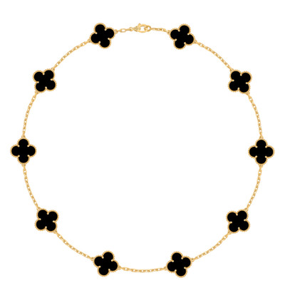 Van Cleef & Arpels 18k Yellow Gold Black Onyx Alhambra Necklace 10 Motifs-AUBNIB