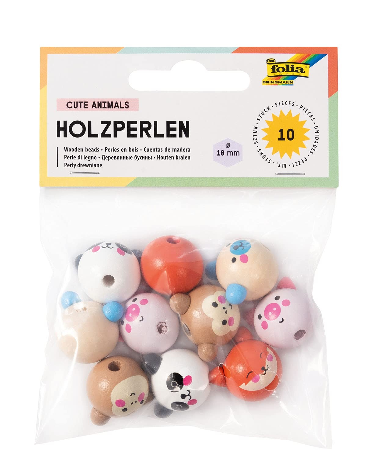 Folia Beads 10 Round Wooden Balls with Cute Animal Faces Assorted in 5 Designs 3690₽