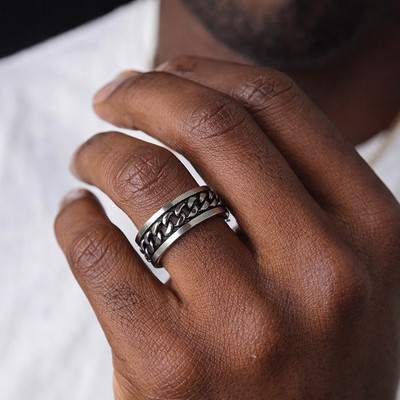 Cuban Chain Spinner Ring Comfort Fit Band Wedding Ring Stainless Steel Size 9