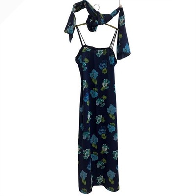 Vtg CDC Evening Caren Desiree Navy Blue Floral Maxi Dress with Matching Scarf 8