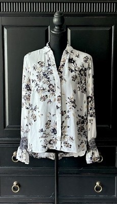 The Limited Light Blue Pinstripe Navy & Gold Floral Button Down Blouse Size PM