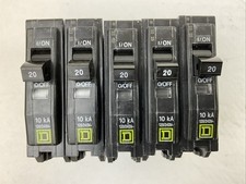 SQUARE D QO120 10kA 120/240VAC 20AMP 1POLE CIRCUIT BREAKER LOT OF 5 