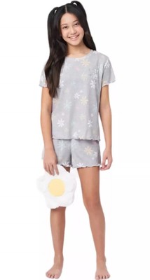 Justice Girls Pajamas Gray 7/8 Colorful Daisies Top Shorts 2 Piece Set 1 Plush