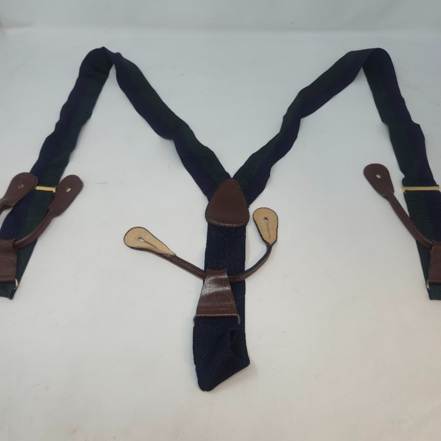 Club Room Men's Suspenders Navy Green Stripe Y-Back Button End Leather Italy image 6