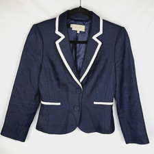 HOBBS London Blazer Women's 4 UK8 Navy Blue White Trim Tweed Academia Preppy