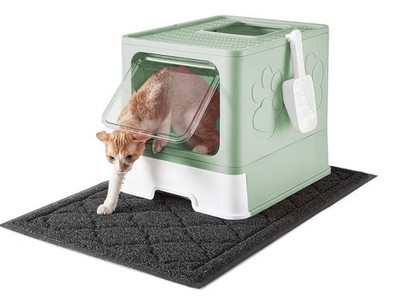 Cat Litter Box with X-Large Litter Mat and Scoop,Front Top Entry Exit (Green)