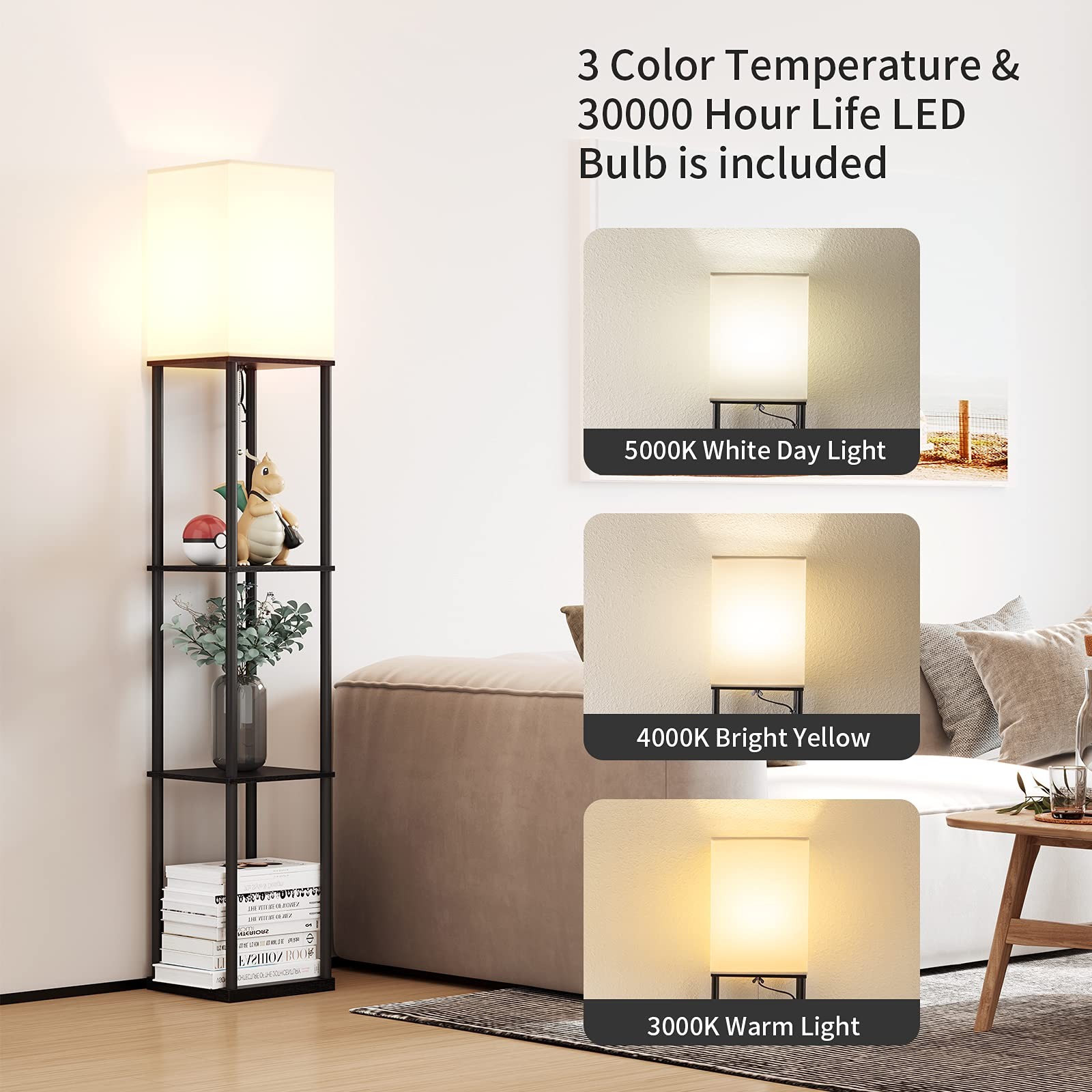 Floor Lamp with Shelves, Modern Square Standing Lamp with 3 Color Temperature... thumbnail 2