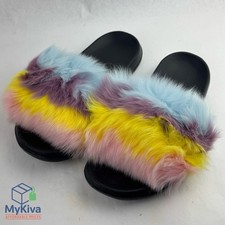 Womens Fluffy Fur Slides Slippers Size 11 Colorful Faux Fur Slip On House Shoes
