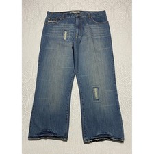 Paco Straight Wide Leg Jeans Mens 36x30 Blue Denim Distressed Patchwork Whiskers