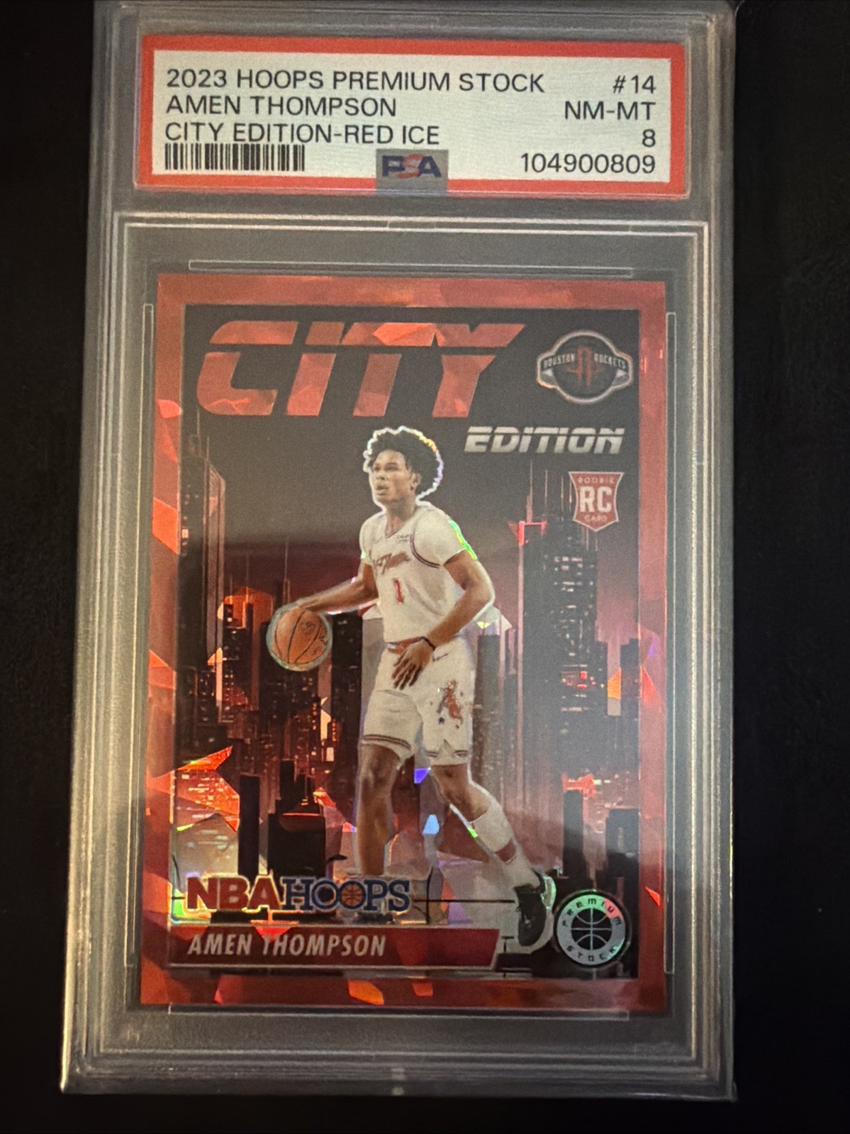 2023 HOOPS PREMIUM STOCK CITY EDITION 14 AMEN THOMPSON RED ICE /99 Pop3 1 Higher