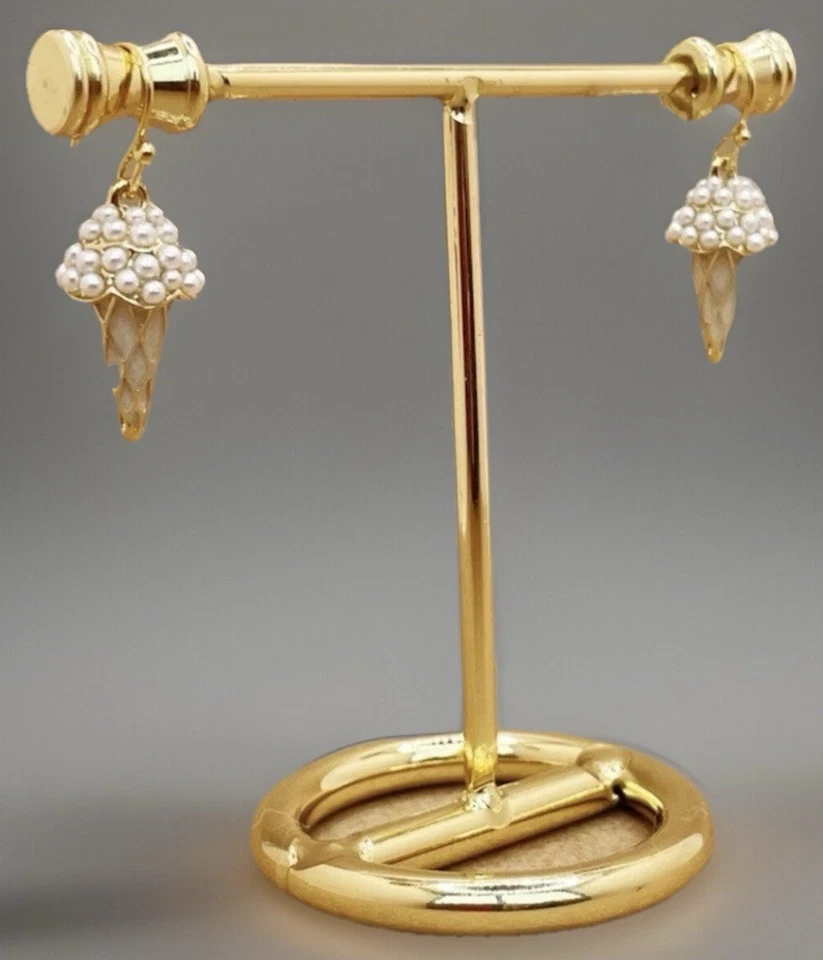 Pendientes de cono de helado de perlas de imitación de plata de ley 925 enchapados en oro de 14k nuevos sin etiquetas Foto 4 de 4