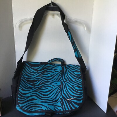 Yak Pak Turquois & Black Zebra Print Messenger Bookbag Travel Shoulder Strap Bag