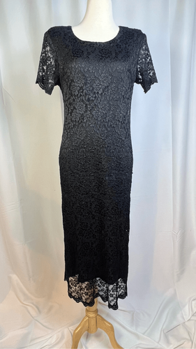 Vintage Helene Blake Lace Midi Dress Womens 14P Black Overlay Lined 80s - Picture 3 of 11