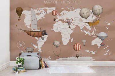 3D Hot Air Balloon World Map Self-adhesive Removable Wallpaper Murals Wall