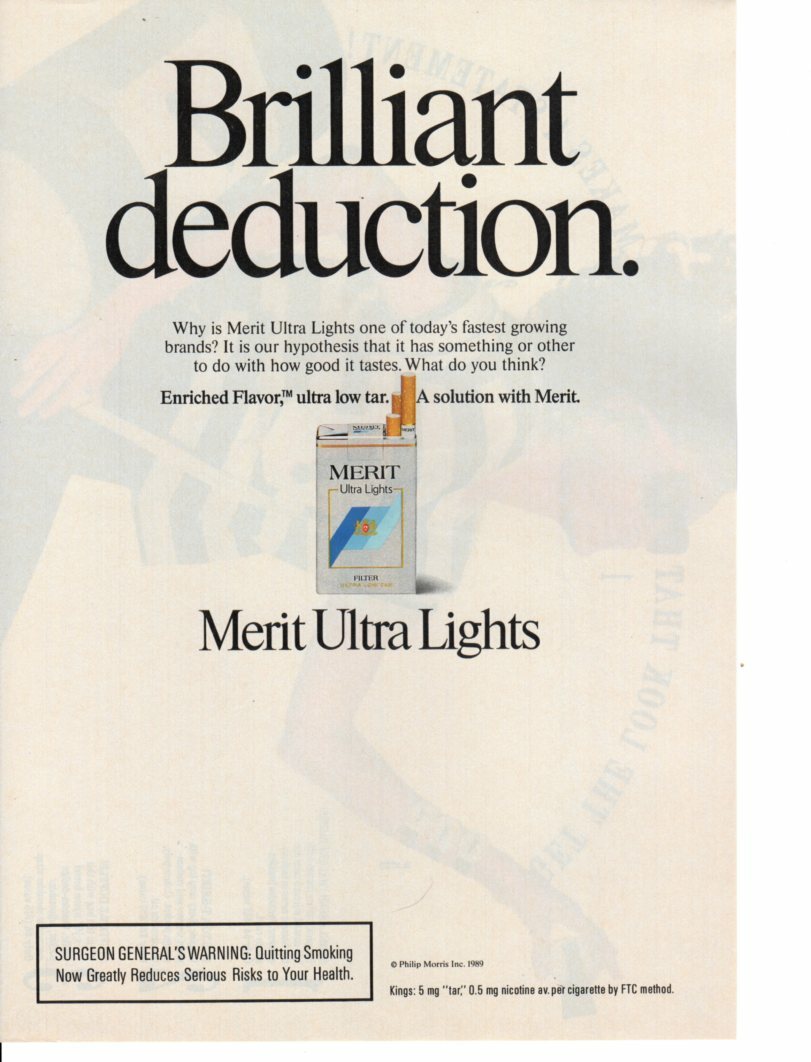 brilliant cigarettes Vintage print ad Tobacco Cigarettes MERIT Ultra Light Brilliant Deduction  1990
