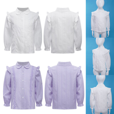 Kids Girls Shirt Casual Tops Spring Costume Ruffled Turn-Down Collar Blouses