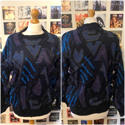 Vintage 80er 90er Retro Michael Gerald schwarz blau lila Herz Geometrie Pullover