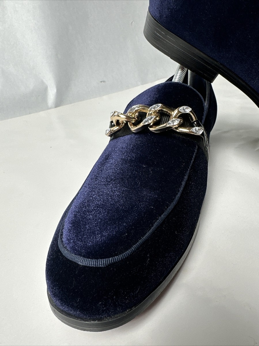 Royal Shoes Men\'s Navy Velvet Slip-On Loafers with Gold Chain Accent Royal shoes men main image 3