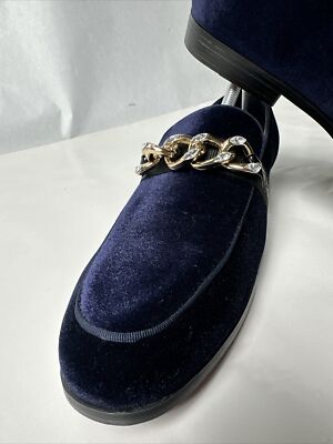 Blue Velvet Loafers with Gold Chain Detail Navy Blue Velvet Loafers | Gold Chain Luxury | Fay by Amali  main image 2