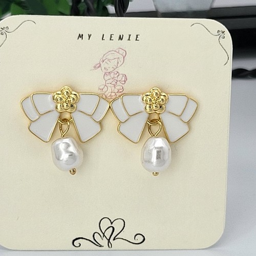 Pink Butterfly Black or White Bow Stud Earrings Dangling Pearl Jewelry - Picture 6 of 14