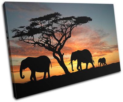 Elephants African Sunset Animals SINGLE CANVAS WALL ART Picture Print ...