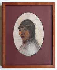 Orig. Water-media of Am. Indian Lady, unknown artist, Painted on Birch Bark