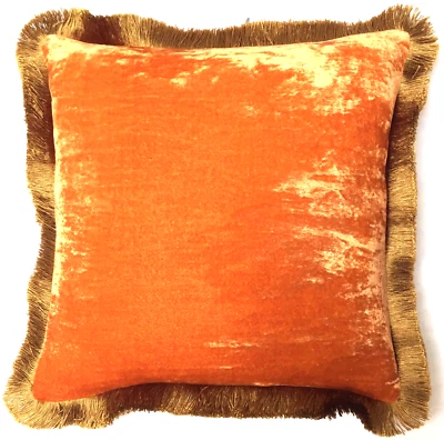 Anke Drechsel Cushion PLAIN Gold Fringe Tangerine Silk Velvet Kissen Coral Orang - Bild 1 von 4