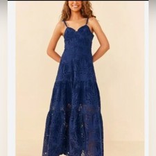 NWT Farm Rio Deep Blue Palm Tree Richilier Eyelet Midi Dress