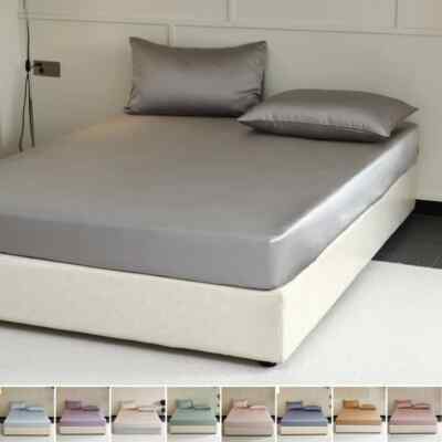 Luxury Natural Silk FittedSheet with Elastic Bands Smooth MattressCover Non-Slip