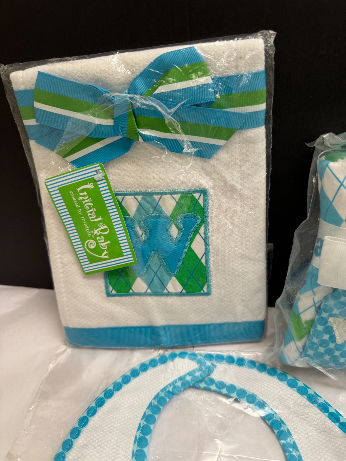 Mudpie Initial "W" Baby Bib Burp Cloth Washcloth SET ARGYLE Blue White Preppy