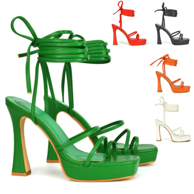 Womens Platform High Heel Sandals Ladies Strappy Lace Up Square Toe Party  Shoes UK