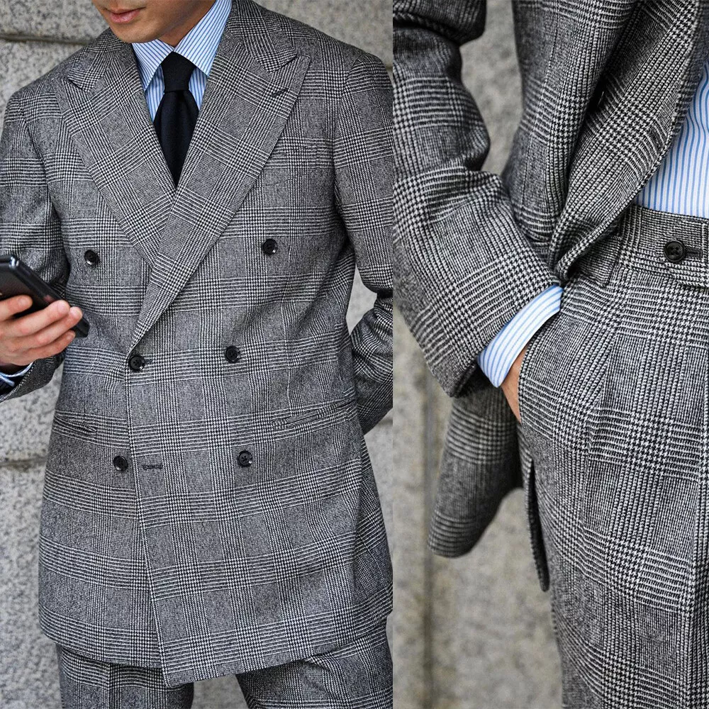 Vintage Men Suits Double Breasted Houndstooth Formal Prom Blazer Pants  Tailored | eBay