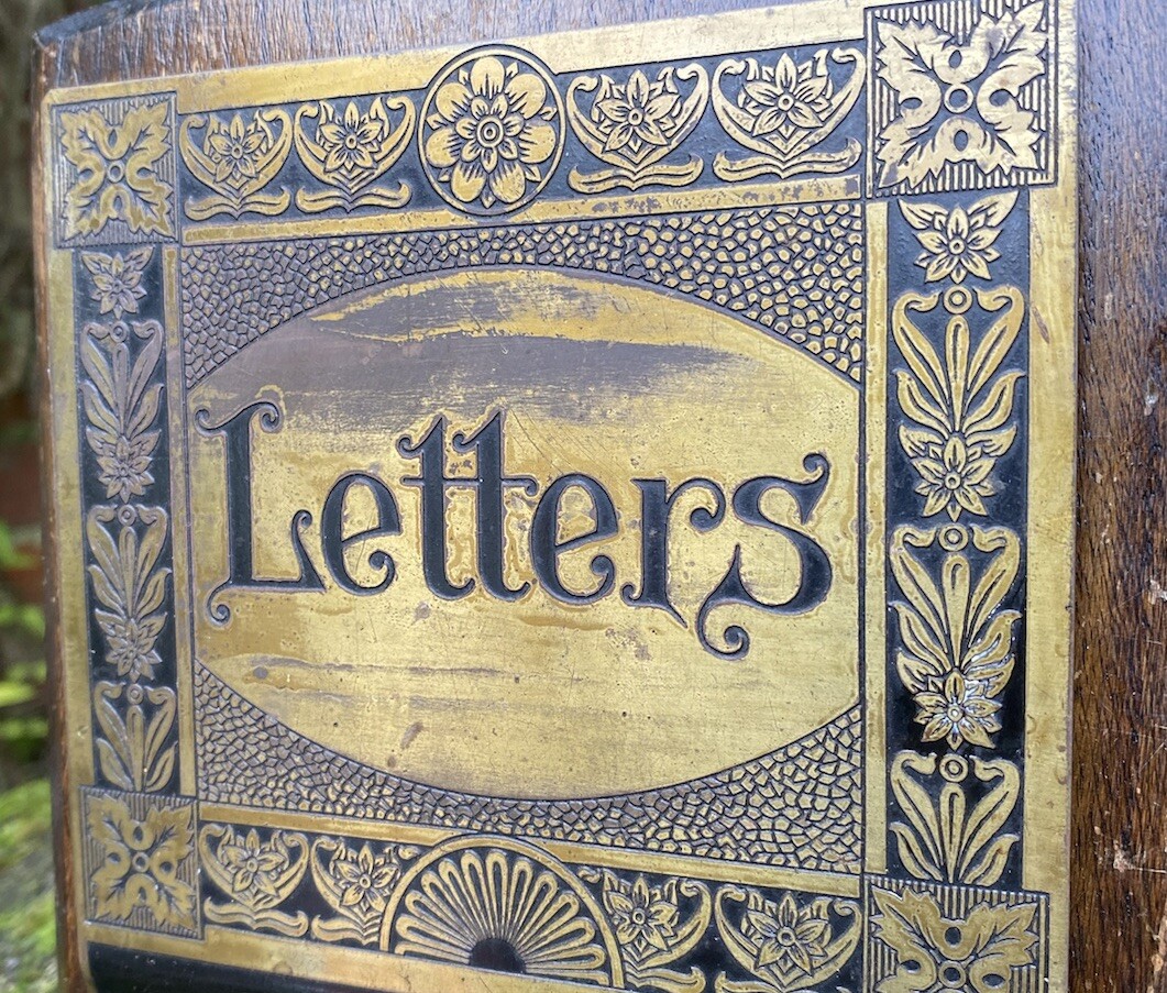 Vintage Lovely Original Old Wooden & Brass Wall Letter Rack Interior