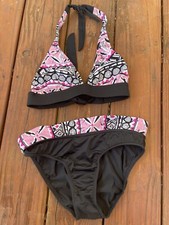 VENUS Geometric Print Tie Bikini Swimsuit Black Pink  White Size 4