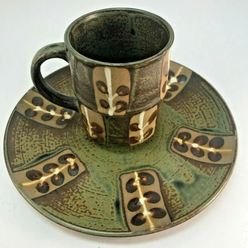 STONEWARE POTTERY COFFEE CUP & SAUCER GREEN/BROWN LEAF PATTERN MADE IN JAPAN