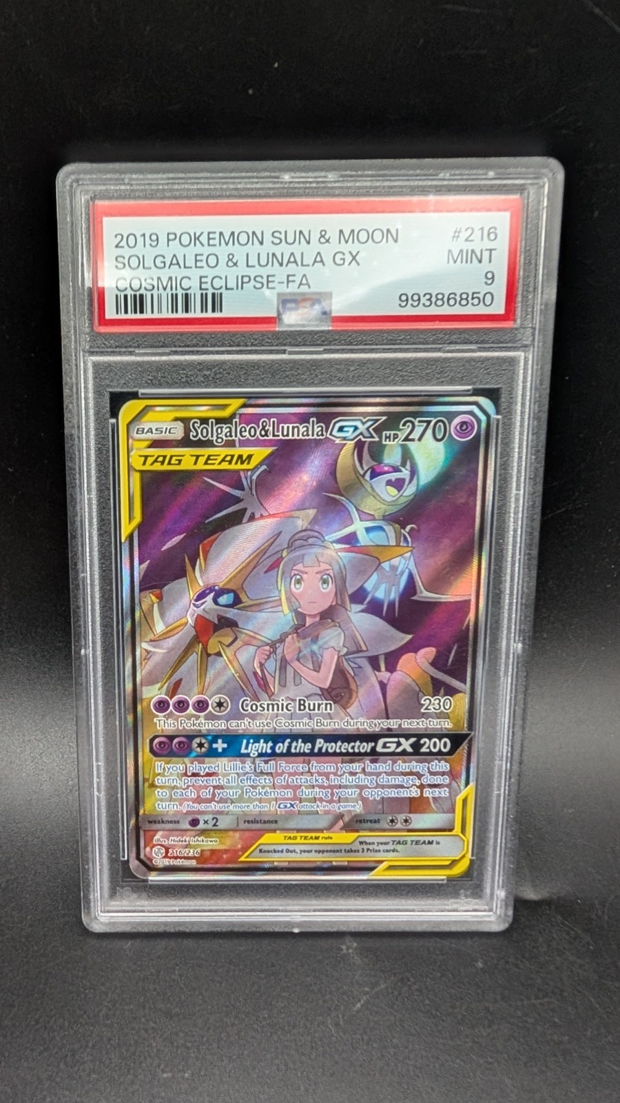 2019 Pokemon Sun & Moon Cosmic Eclipse #216 Full Art Solgaleo & Lunala GX PSA 9