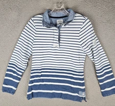 Joules Mariners Grade Polo Shirt Womens 4 White Blue Striped Long Sleeve Popover