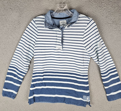 Joules Mariners Grade Polo Shirt Womens 4 White Blue Striped Long Sleeve Popover