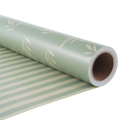 Reversible Gift Wrapping Paper Roll - Light Green Background with Beige Leave...