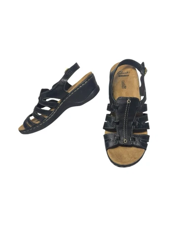 CLARKS Gladiator sandali donna neri in pelle punta aperta slingback taglia 8 M