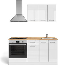 Cucina Completa R-Line, Bianco Lucido/Bianco, 160 Cm Con Colonna Forno Senza Pia